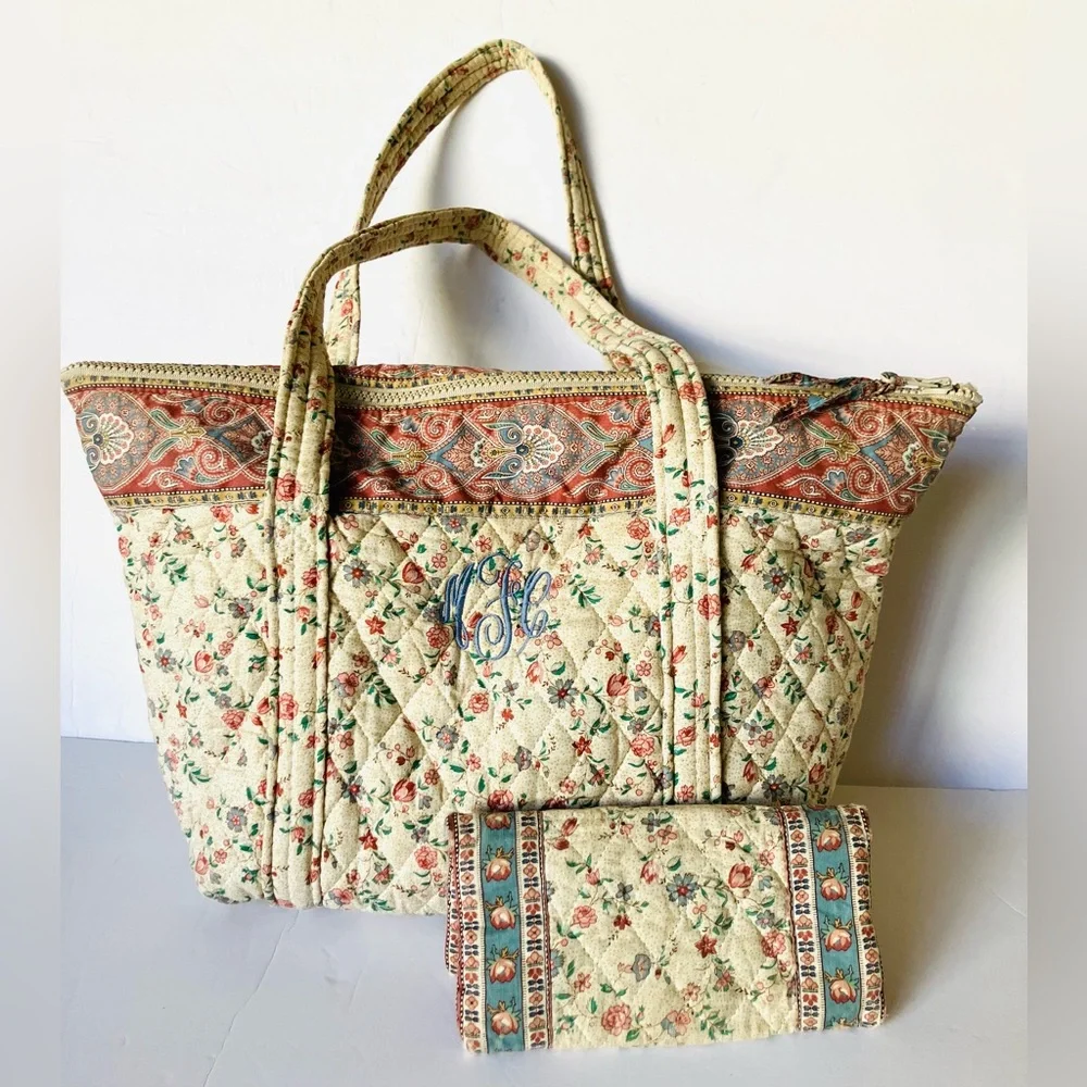 Vintage Vera Bradley Cream Paddy 1985 Indiana Tote Bag & Checkbook Cover Rare! - Picture 1 of 12